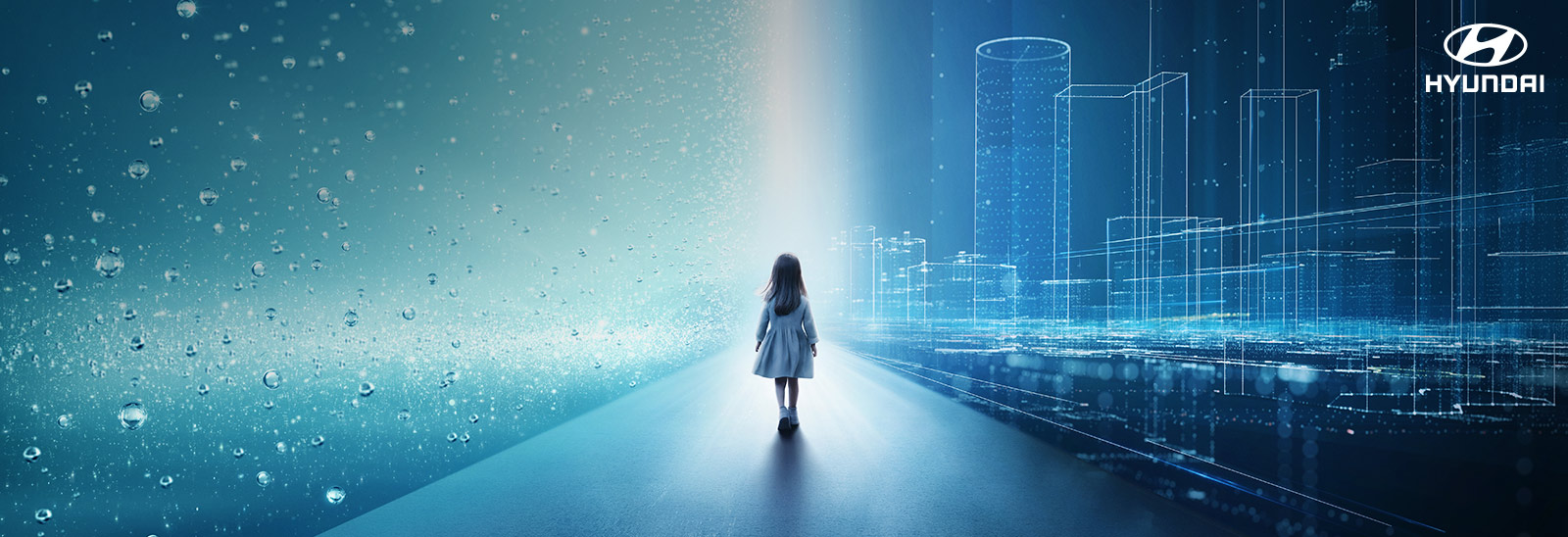 Niña caminando hacia una luz intensa dentro de un escenario futurista